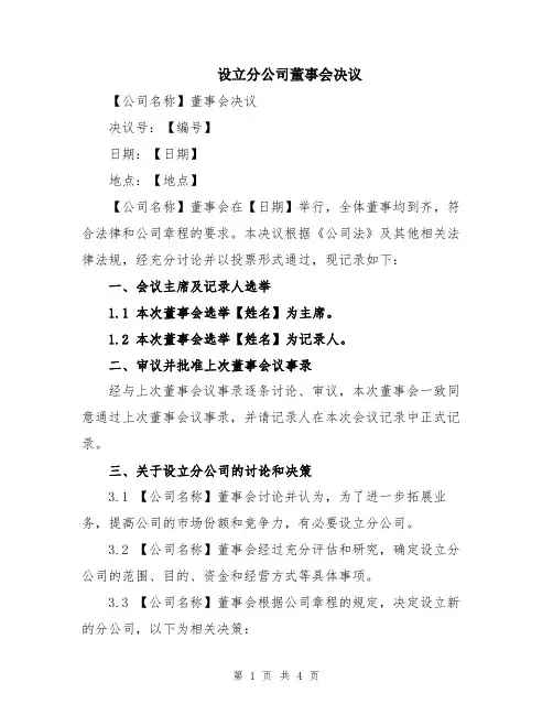 设立分公司董事会决议