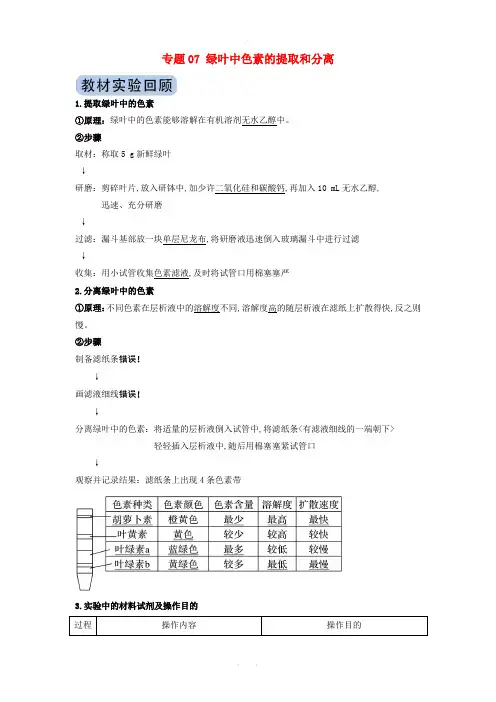 2020年高考生物实验突破专题07绿叶中色素的提取和分离含解析