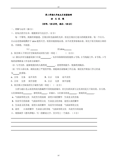 2020届山东省东营市5月份中考模拟语文试卷(加精)