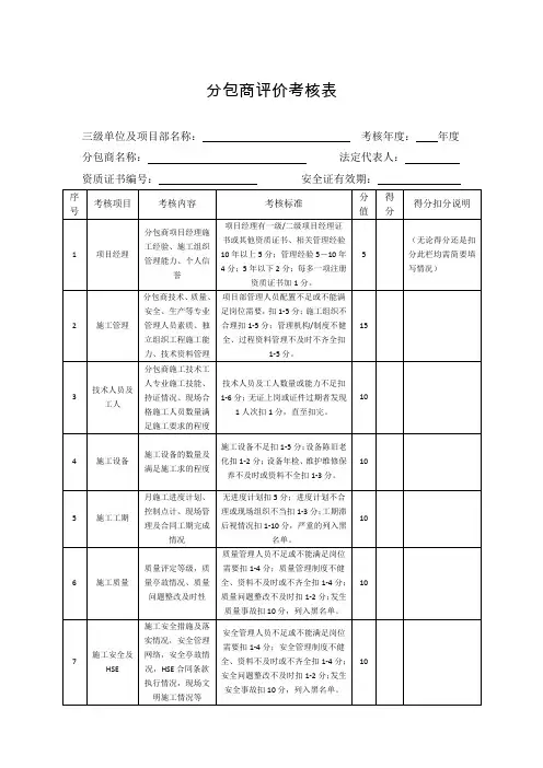 分包商评价考核表