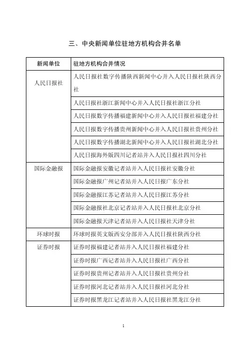 三、中央新闻单位驻地方机构合并名单