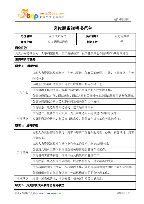 员工关系专员岗位职责说明书