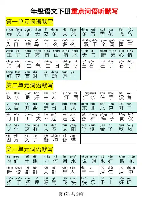 2.3一年级语文下册重点词语听默写