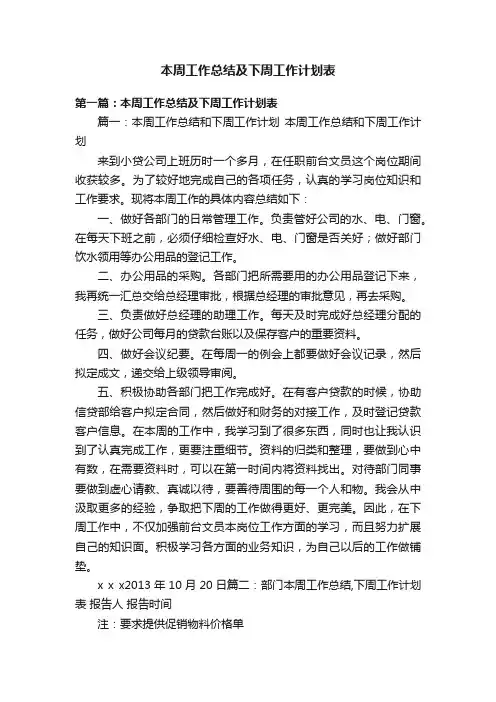 本周工作总结及下周工作计划表