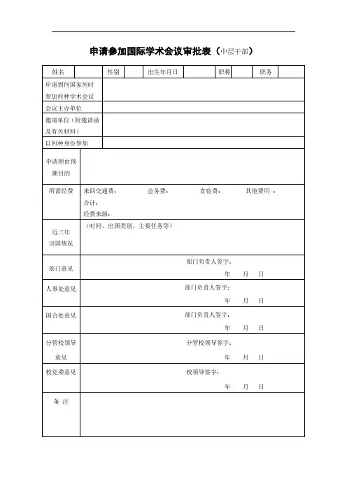申请参加国际学术会议审批表(中层干部)