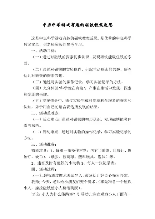 中班科学游戏有趣的磁铁教案反思