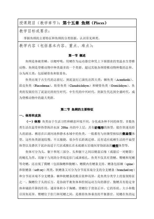 动物学第十五章 鱼纲15.1 教案