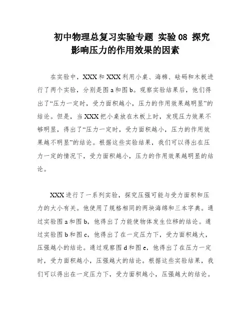 初中物理总复习实验专题 实验08 探究影响压力的作用效果的因素