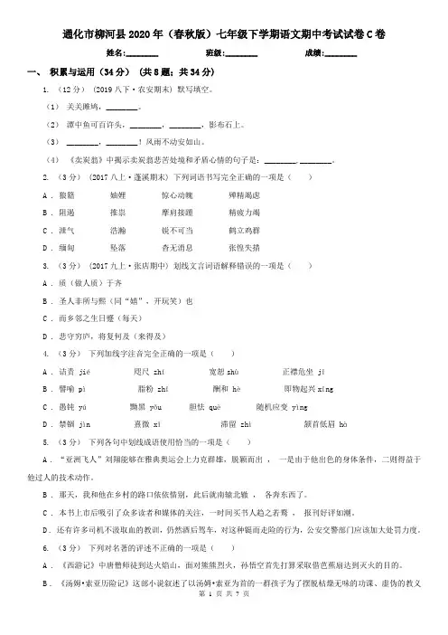 通化市柳河县2020年(春秋版)七年级下学期语文期中考试试卷C卷