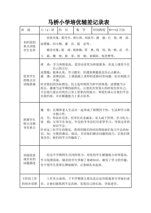 XX小学培优辅差具体记录(8篇)全新