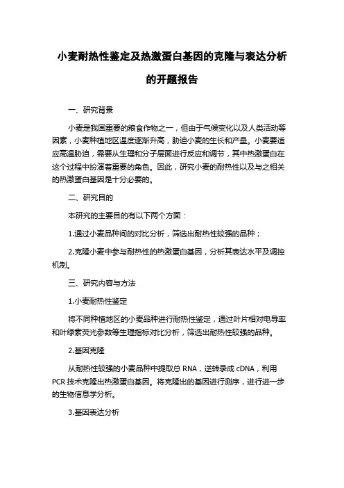 小麦耐热性鉴定及热激蛋白基因的克隆与表达分析的开题报告