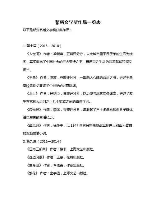 茅盾文学奖作品一览表