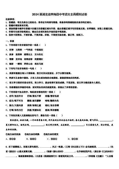 2024届湖北省黄梅县中考语文全真模拟试卷含解析