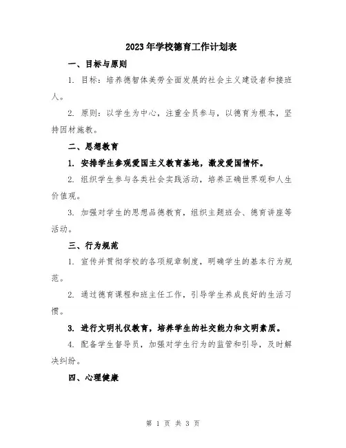 2023年学校德育工作计划表
