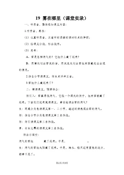 二年级上册语文教学实录    19.雾在哪里   人教部编版