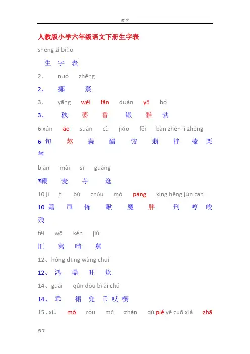 人教版小学语文六年级下册生字附拼音