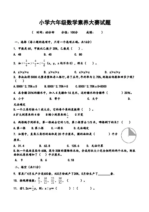 小学六年级数学素养大赛试题
