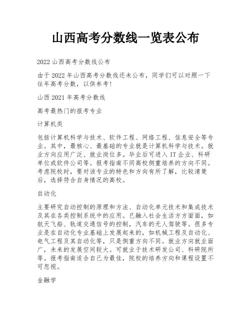 山西高考分数线一览表公布