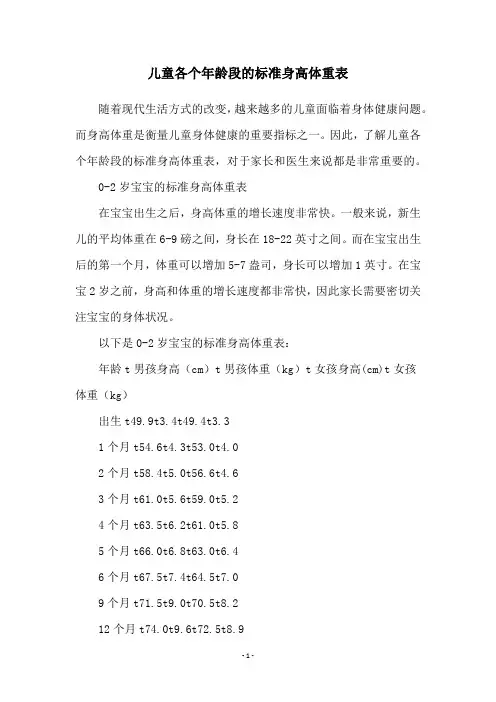 儿童各个年龄段的标准身高体重表