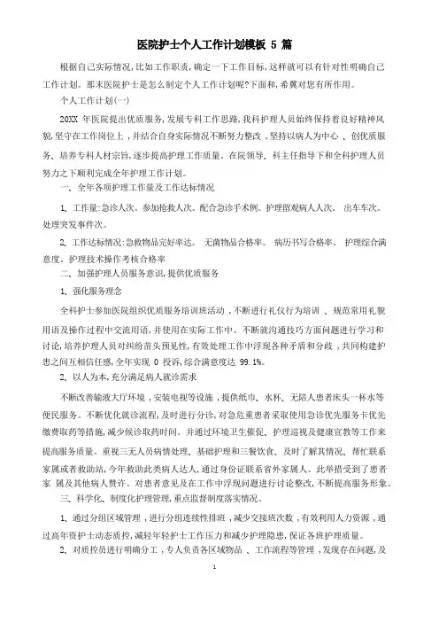 医院护士的个人工作计划模板5篇