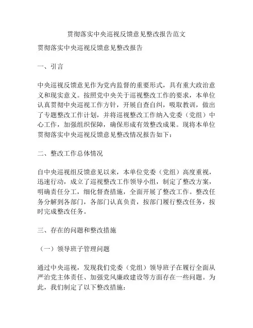 贯彻落实中央巡视反馈意见整改报告范文