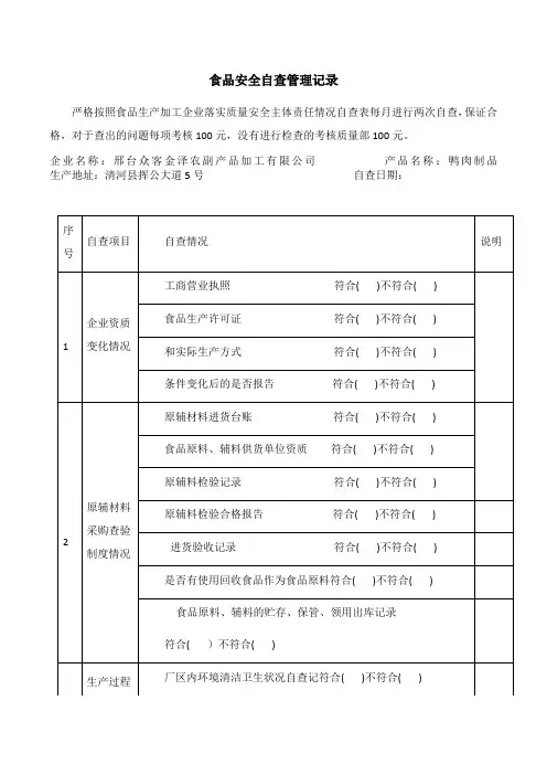 食品安全自查管理记录