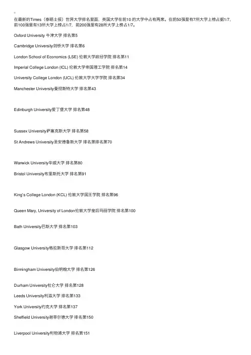 排名世界前200位的英国大学名单