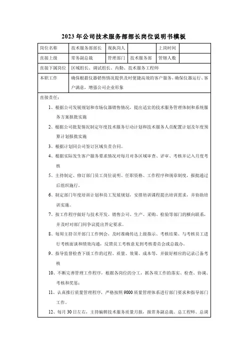 2023年公司技术服务部部长岗位说明书模板