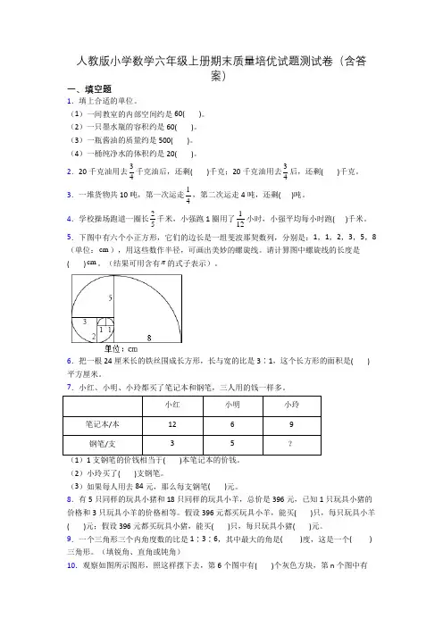 人教版小学数学六年级上册期末质量培优试题测试卷(含答案)