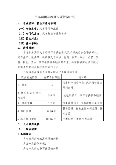 汽车维修专业教学计划