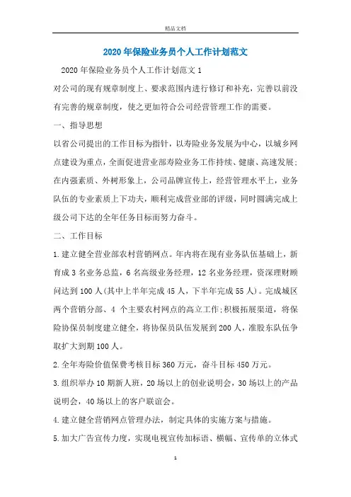 2020年保险业务员个人工作计划范文