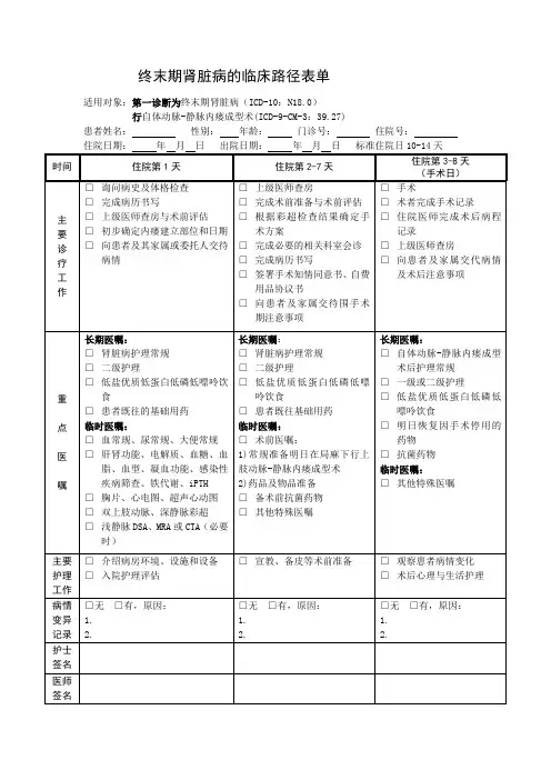 终末期肾脏病的临床路径表单