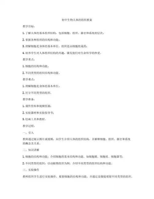 初中生物人体的组织教案