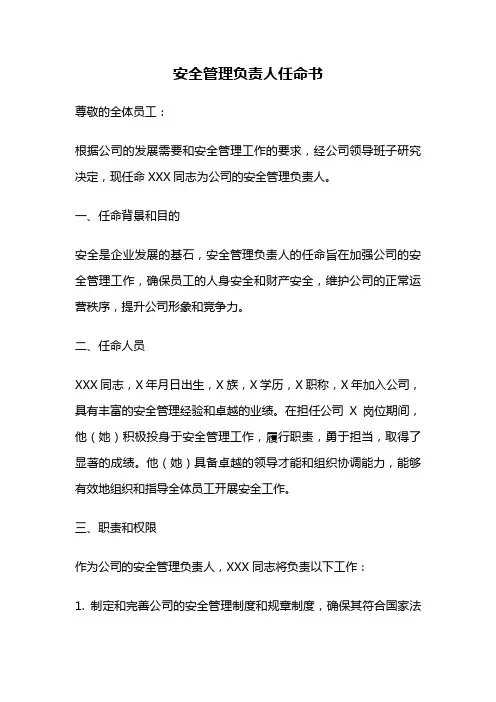 安全管理负责人任命书