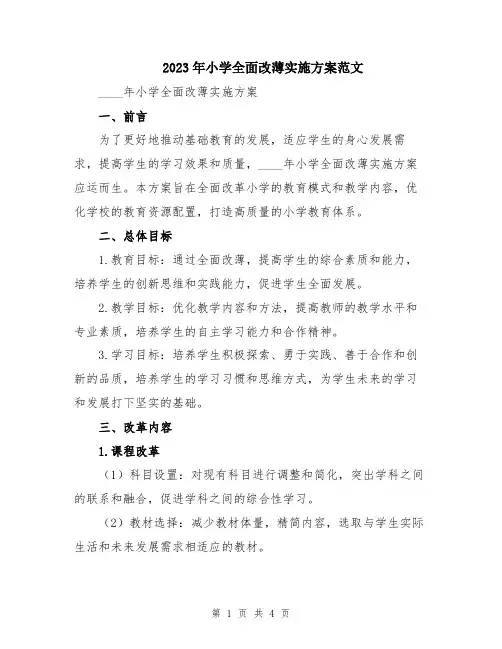 2023年小学全面改薄实施方案范文