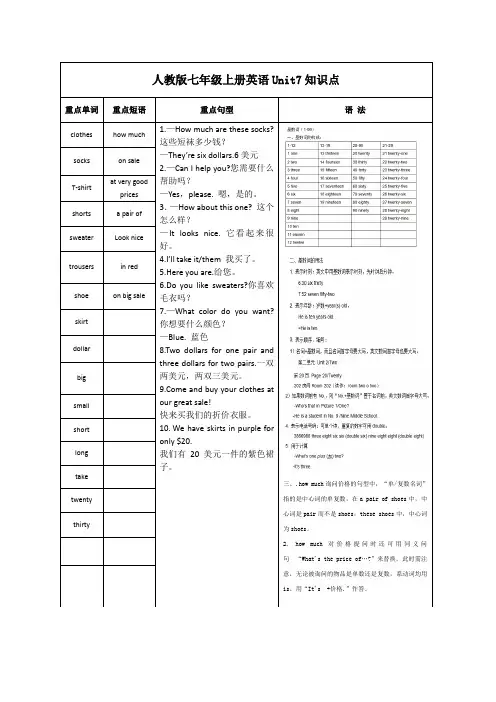 人教版七年级上册英语Unit7知识点
