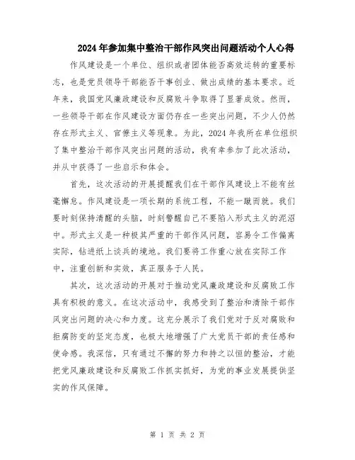 2024年参加集中整治干部作风突出问题活动个人心得