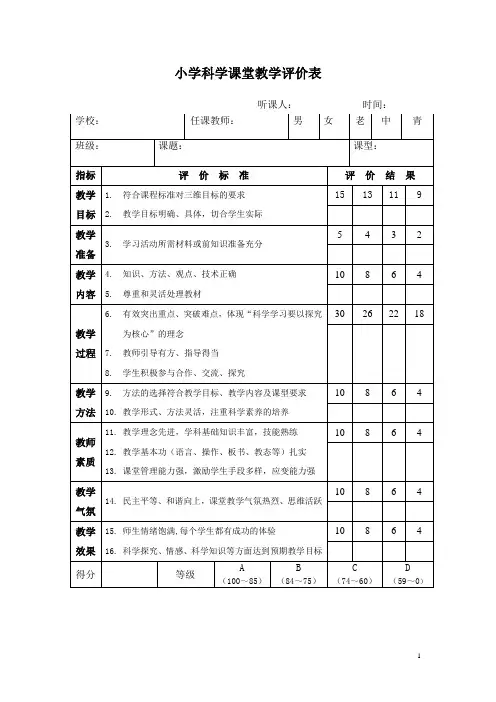 小学科学课堂教学评价表