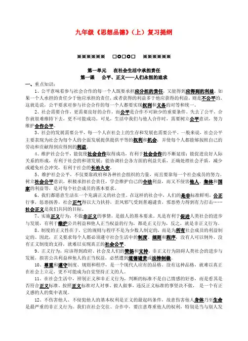 九年级政治上册 复习提纲 鲁教版