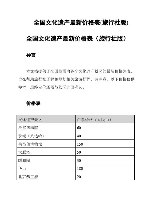 全国文化遗产最新价格表(旅行社版)