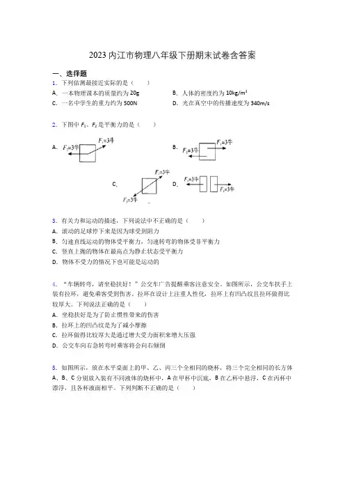 2023内江市物理八年级下册期末试卷含答案