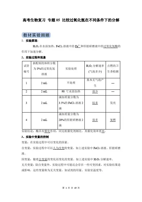 高考生物复习 专题05 比较过氧化氢在不同条件下的分解(解析版)