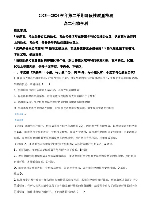 山东省惠民县2023-2024学年高二下学期阶段性质量检测生物试题(解析版)