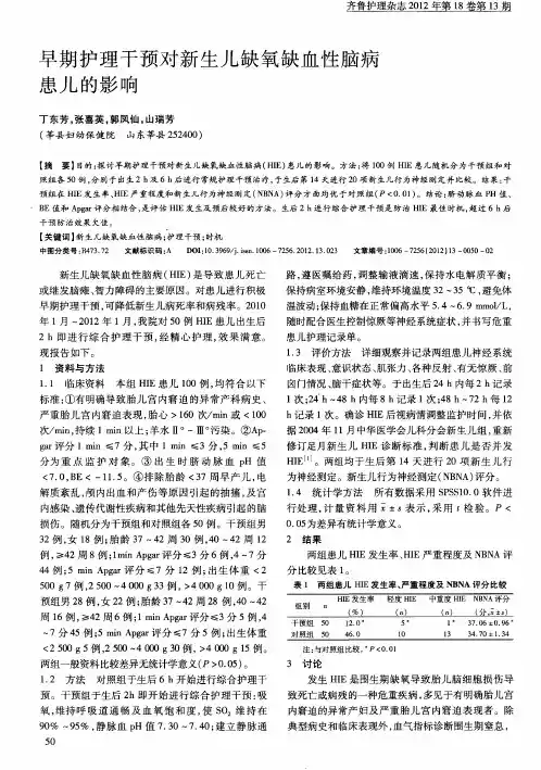 早期护理干预对新生儿缺氧缺血性脑病患儿的影响
