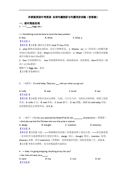 外研版英语中考英语 名词专题剖析与专题同步训练(含答案)
