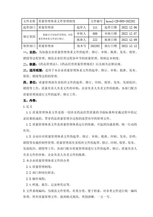 药品批发企业质量管理体系文件管理制度