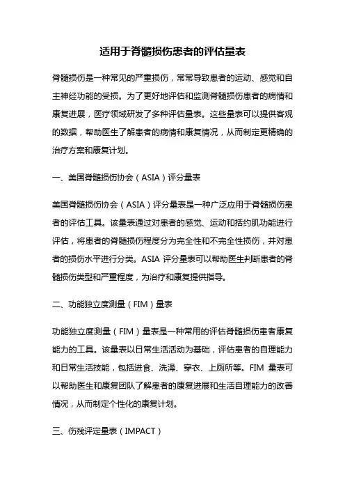 适用于脊髓损伤患者的评估量表