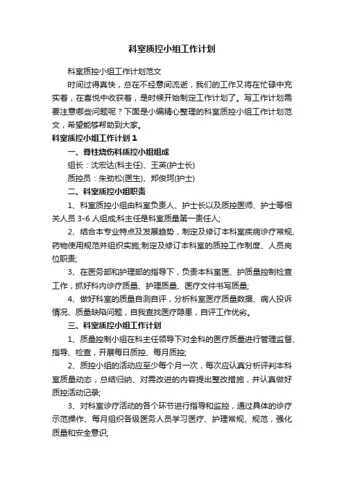 科室质控小组工作计划范文
