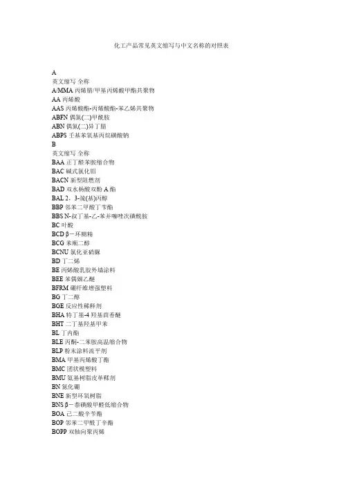 常见化工产品英文缩写与中文名称的对照表