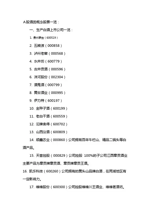 A股酒类概念股票一览